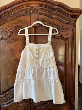Pol White Lace Tiered Denim Overall Suspender Mini Dress